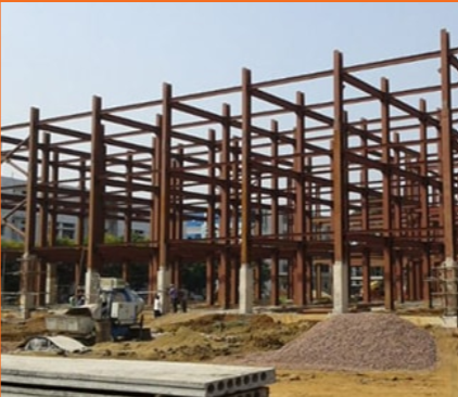 Pre-engineered steel structure under erection